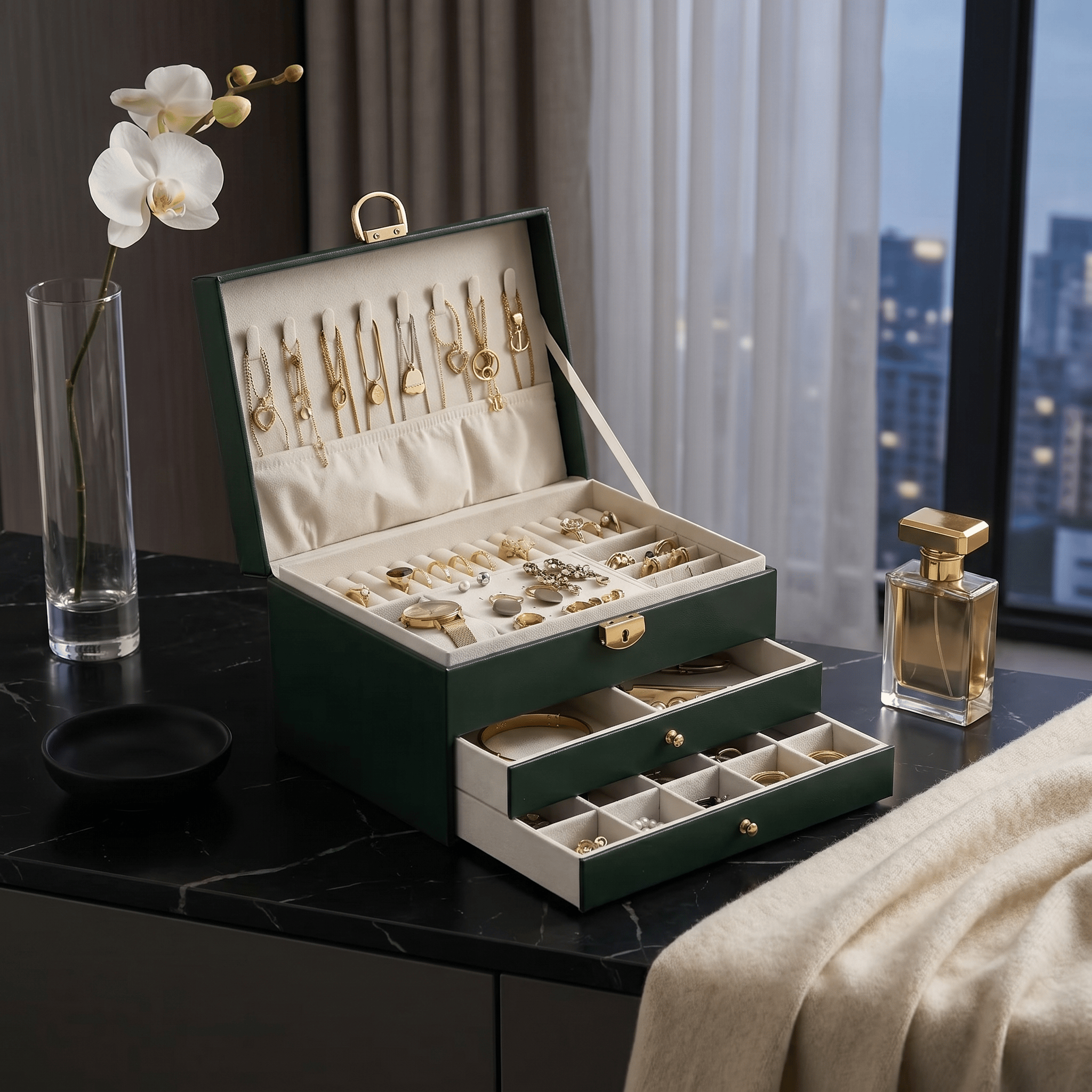 Quilted 3-Layer Jewellery Box with Lock - My Jewellery Box