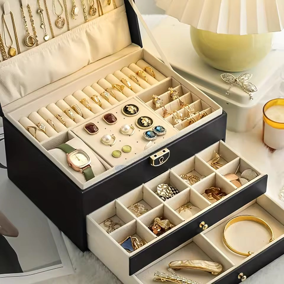 Quilted 3-Layer Jewellery Box with Lock - My Jewellery Box